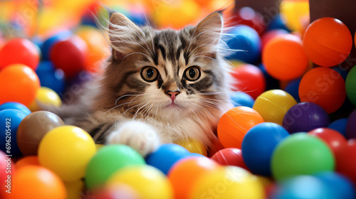 Funny playful cat in colorful ball pool © Keitma