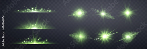 Green lens flares set. Isolated on transparent background. Sun flash with rays or spotlight and bokeh. Glow flare light effect. Vector illustration. photo
