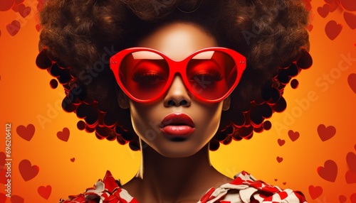 Stylish Young Woman with Curly Afro and Sunglasses Against a Backdrop of Red Hearts