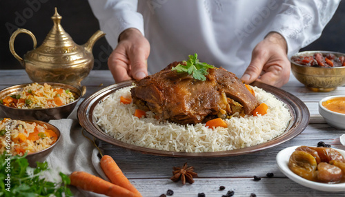 Kabsa close-up, rice and meat dish, saudi arabia national traditional food. Muslim family dinner, Ramadan, iftar. Arabian cuisine. Religious holiday, holy month. photo