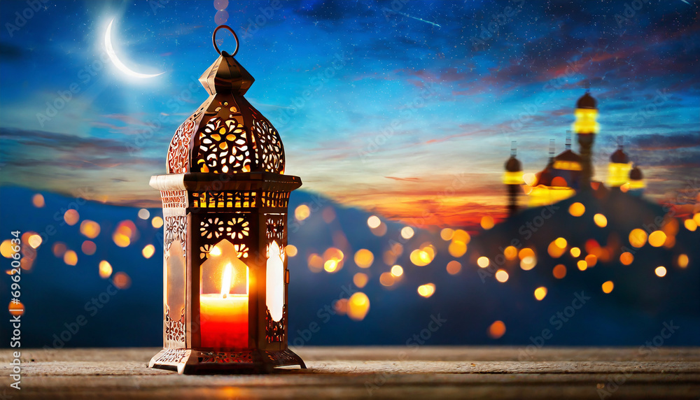Fototapeta premium Muslim Holy Month Ramadan Kareem - Ornamental Arabic Lantern With Burning Candle Glowing At Evening