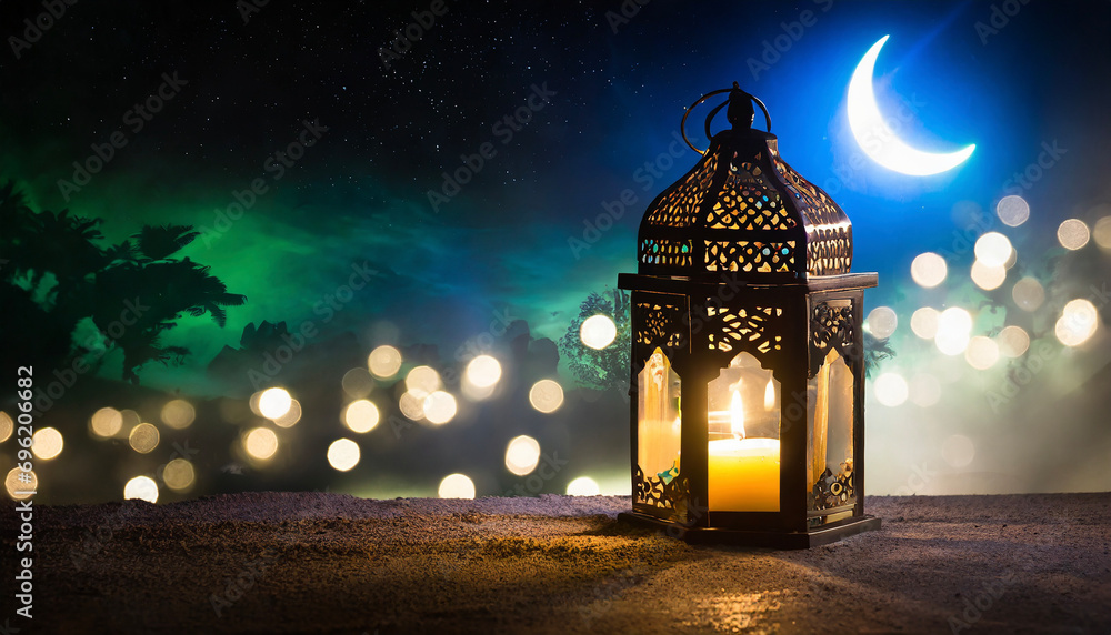 Ornamental Arabic lantern with burning candle glowing at night. Festive greeting card, invitation for Muslim holy month Ramadan Kareem. copy space for text - obrazy, fototapety, plakaty 