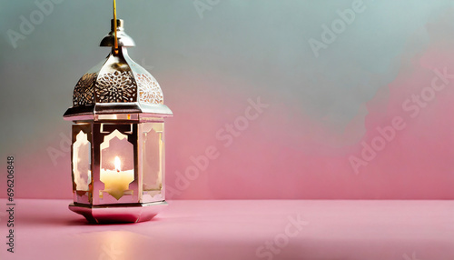 Ramadan Kareem banner design with lantern on pastel pink background with smoke. Eid Mubarak, Muslim Holy Month greeting card template