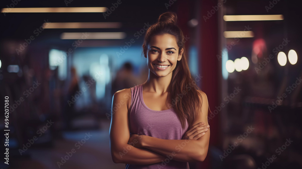 Portrait of smiling young woman standing with arms crossed in a modern fitness center Portrait of smiling young woman standing with arms crossed in a modern fitness center