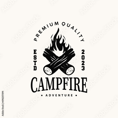 Design wood and fire, logo campfire bonfire vector camping adventure vintage illustration