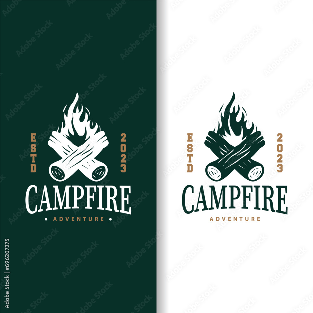 Design wood and fire, logo campfire bonfire vector camping adventure vintage illustration - obrazy, fototapety, plakaty 