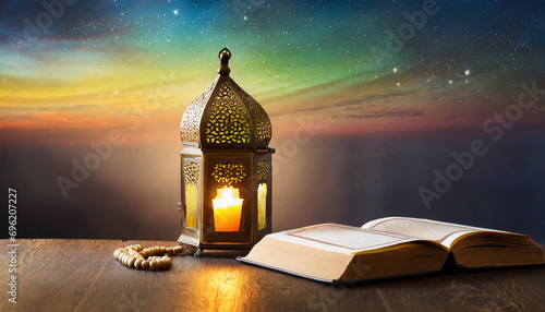 Ramadan kareem with Holy Quran and lantern lit