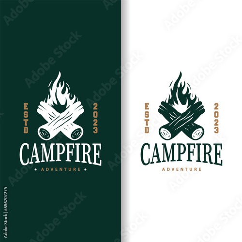 Design wood and fire, logo campfire bonfire vector camping adventure vintage illustration
