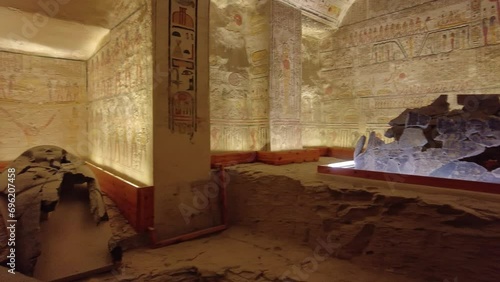 Luxor, Egypt: Burial chamber, decorated with the book of earth, inside the famous Ramsses V and VI tomb, named KV9, in the valley of Kings in Luxor in Egypt.  photo