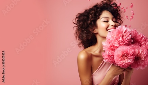Happy woman in a bright pink dress is smelling a bunch of pink and red flowers