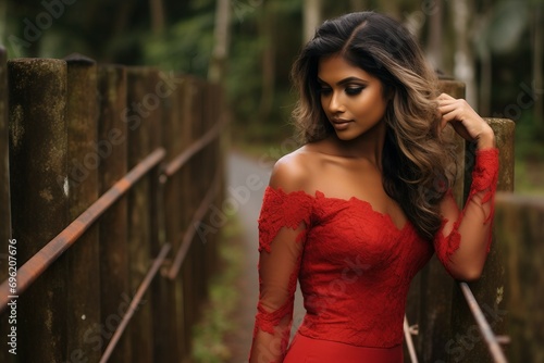 Red-Dressed Sri Lankan Bride's Pose photo