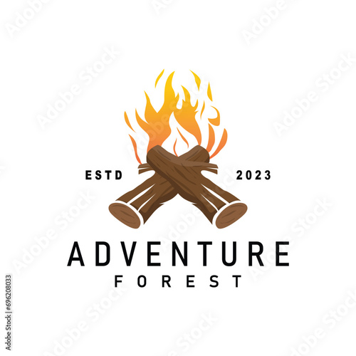 Design wood and fire, logo campfire bonfire vector camping adventure vintage illustration