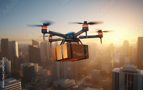 Modern delivery equipment. Drone courier delivers parcel by air