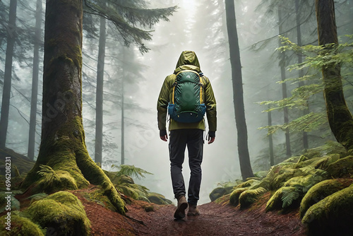 Forest, fog, mountains in the distance, man in the sport hood standing looking back to the deep fog inside the forest. photo