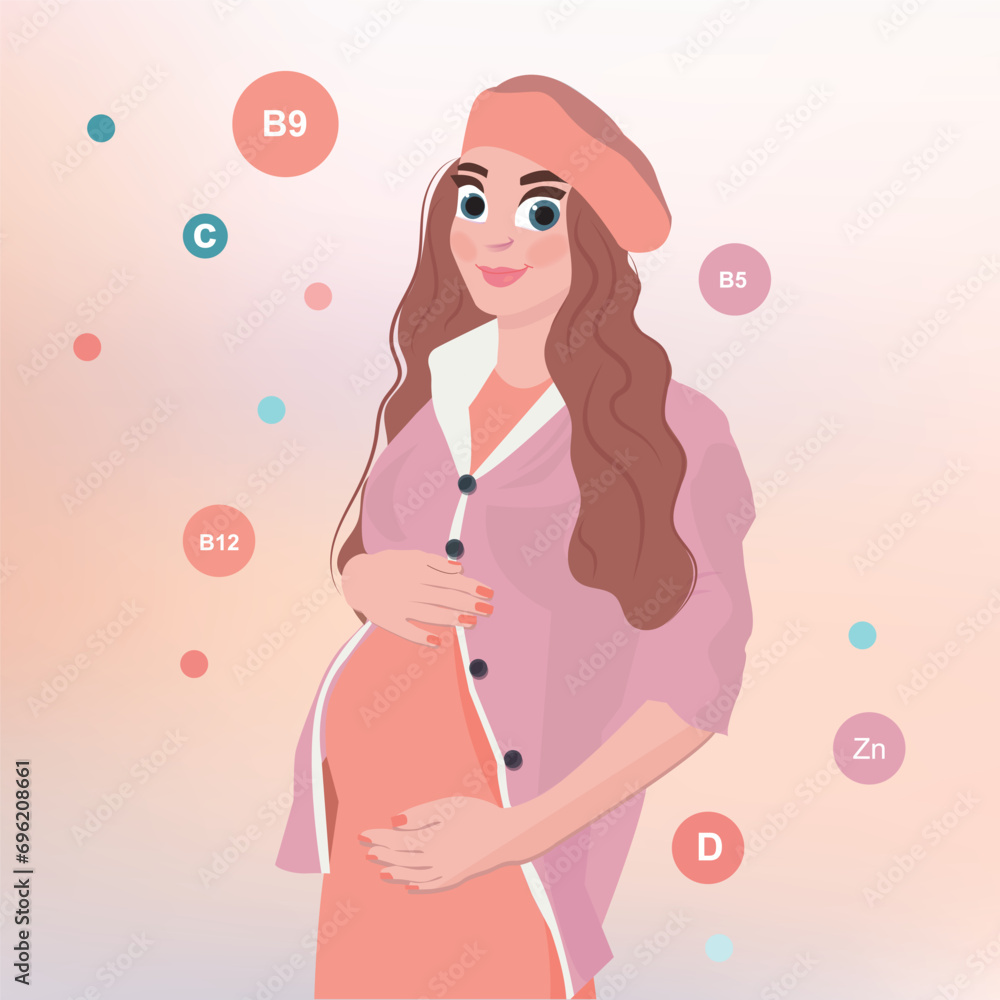 Pregnant girl taking vitamins. The expectant mother takes care of her health. Pregnancy. Flat vector illustration. For Vitamin Packaging, Signage, Poster, Magazine Pregnant girl taking vitamins. The expectant mother takes care of her health. Pregnancy. Flat vector illustration. For Vitamin Packaging, Signage, Poster, Magazine