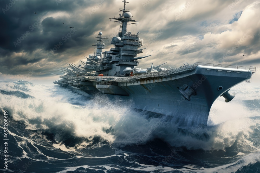 Aircraft carrier Military strategic ship, panoramic view of a generic military aircraft carrier ship with fighter jets in wave sea Ai generated Aircraft carrier Military strategic ship, panoramic view of a generic military aircraft carrier ship with fighter jets in wave sea Ai generated