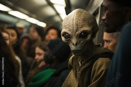 Alien passenger in the subway daily life, unearthly mystical creature UFO in a jacket in a crowd of people rush hour