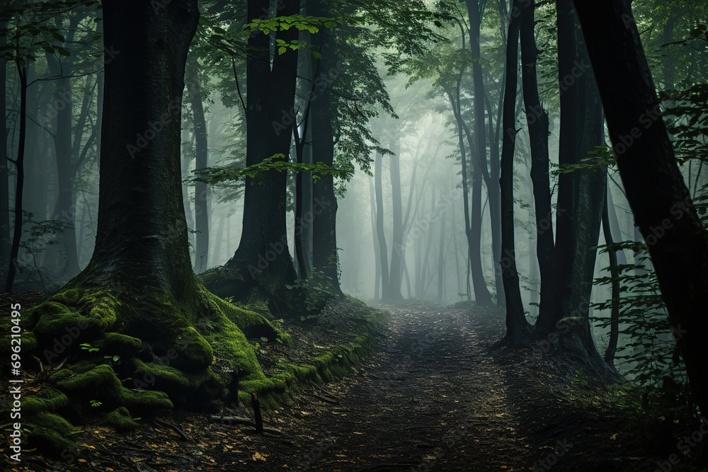 Fototapeta premium a path in the woods with large trees on a witer morning. Generative Ai