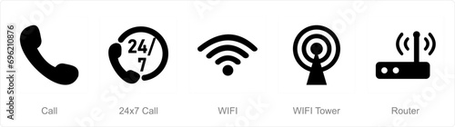 A set of 5 mix icons as call, 24x7 call, wifi