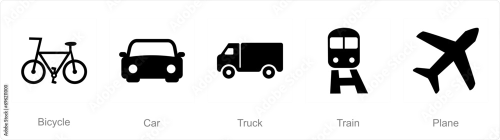 A set of 5 mix icons as bicycle, car, truck A set of 5 mix icons as bicycle, car, truck