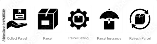 A set of 5 mix icons as collect parcel, parcel, parcel setting