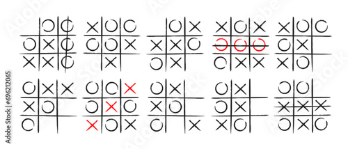 Tic tac toe xo game hand drawn grid doodle template vector illustration set isolated on white background