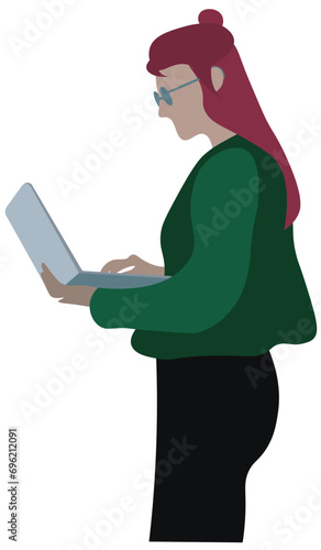 Girl with long hair working on a laptop while standing  (ID: 696212091)