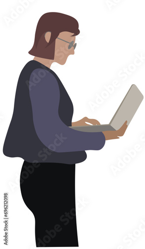 Girl with short hair working on a laptop while standing  (ID: 696212098)