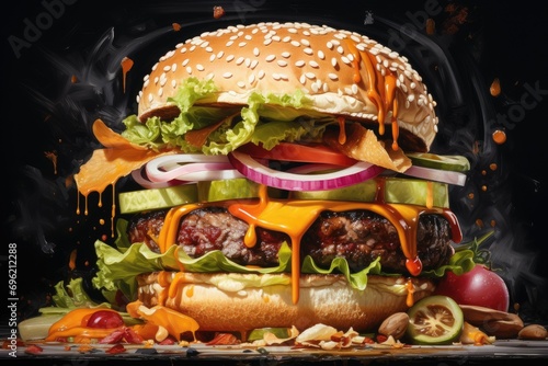 Burger with melted cheese and bacon, Cheese burger with grilled meat, cheese, tomato, salad and onion rings. Close-up of delicious fresh home made burger Ai Generated