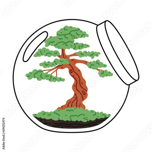 Home Florarium with Tree Plant in Glass Transparent Vessel Vector Illustration