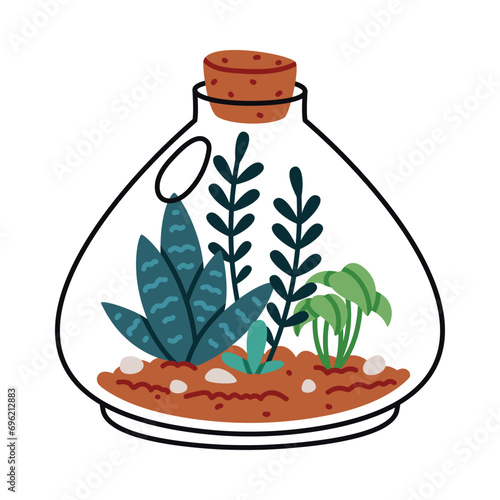 Home Florarium with Plant in Glass Transparent Vessel Vector Illustration