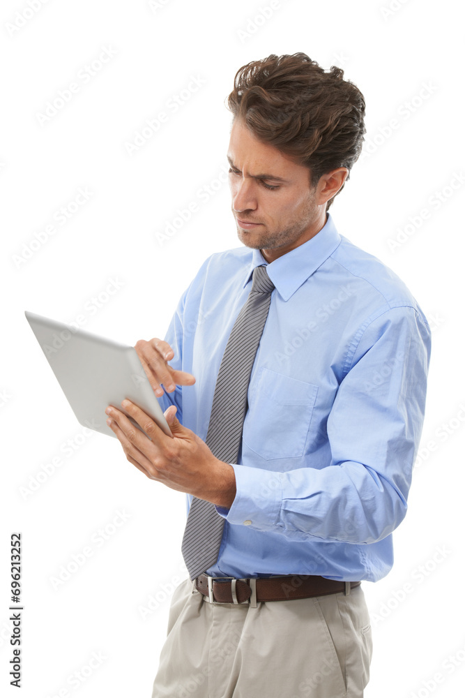 Businessman, tablet and thinking in research, schedule or communication against a white studio background. Man or employee on technology for online search, networking or social media in planning