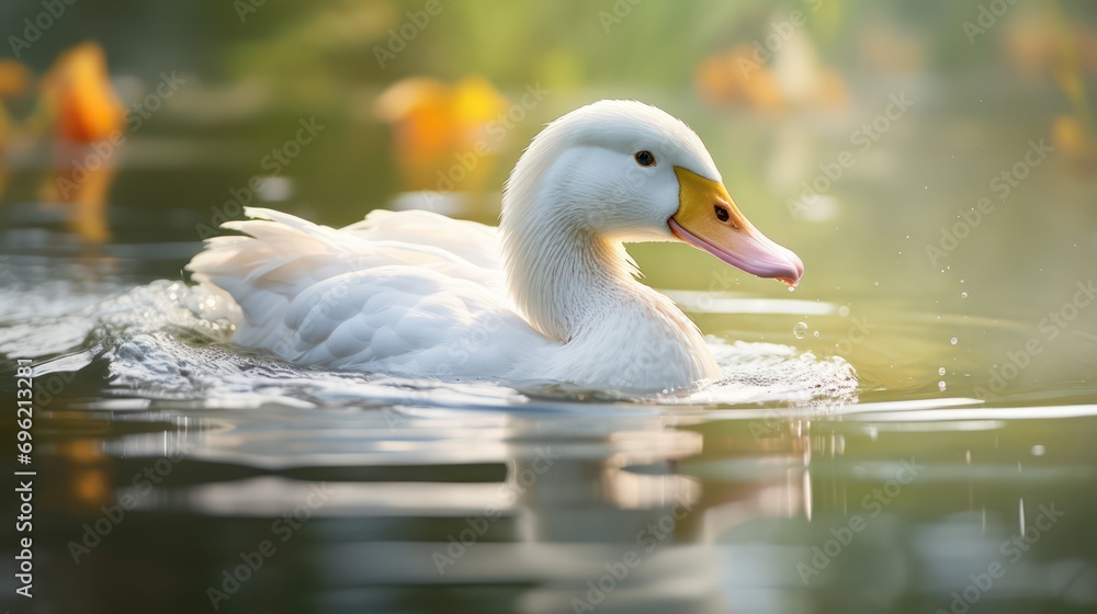 Serene image of a white swan gliding across a pond amidst stunning natural landscapes.