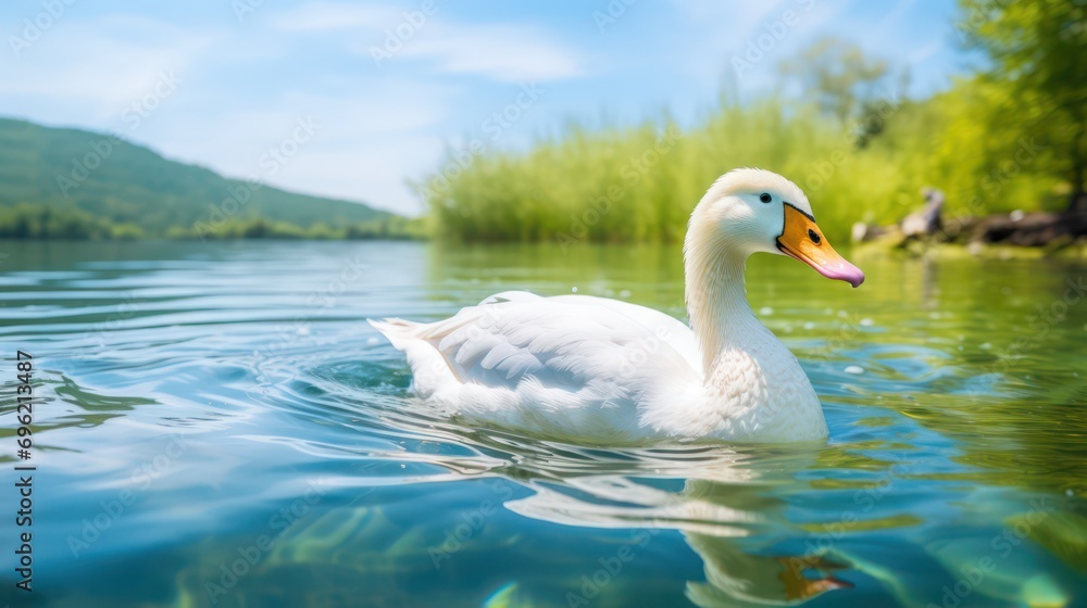 Fototapeta premium a white swan swimming in a pond with beautiful natural views