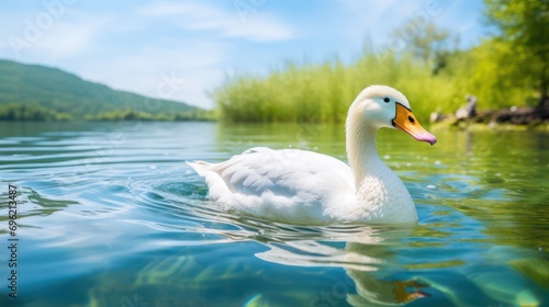 a white swan swimming in a pond with beautiful natural views