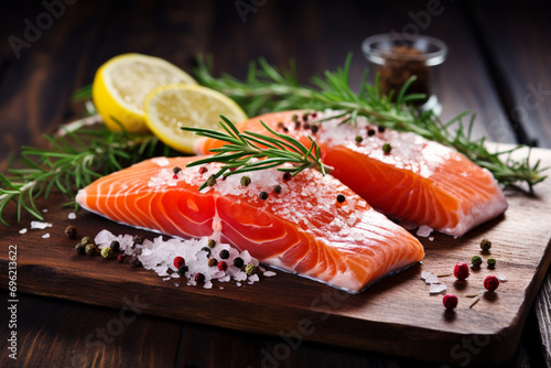 Delicious raw salmon steak on a wooden table with lemon, salt and pepper