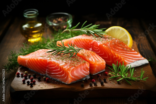 Delicious raw salmon steak on a wooden table with lemon, salt and pepper