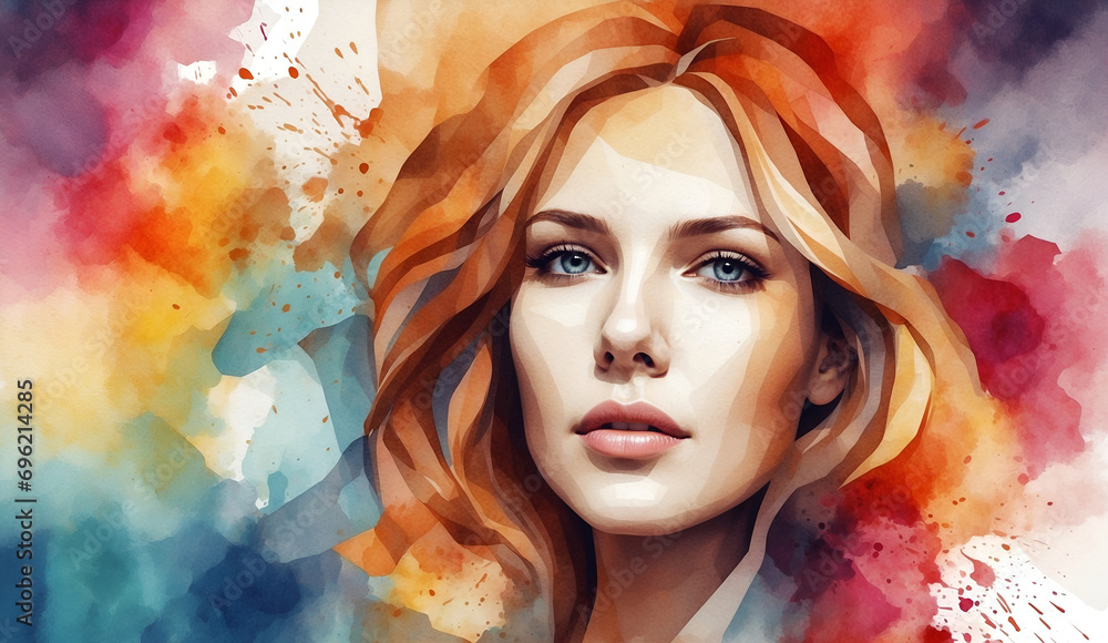 Portrait of a woman with painted face and colorful watercolor background