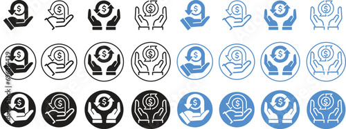 Set of Flat Cashback icons. Money refund symbols editable stock. The hand that receives the money return and return on investment on transparent background. Hand hold coins. Dollar collection coins.