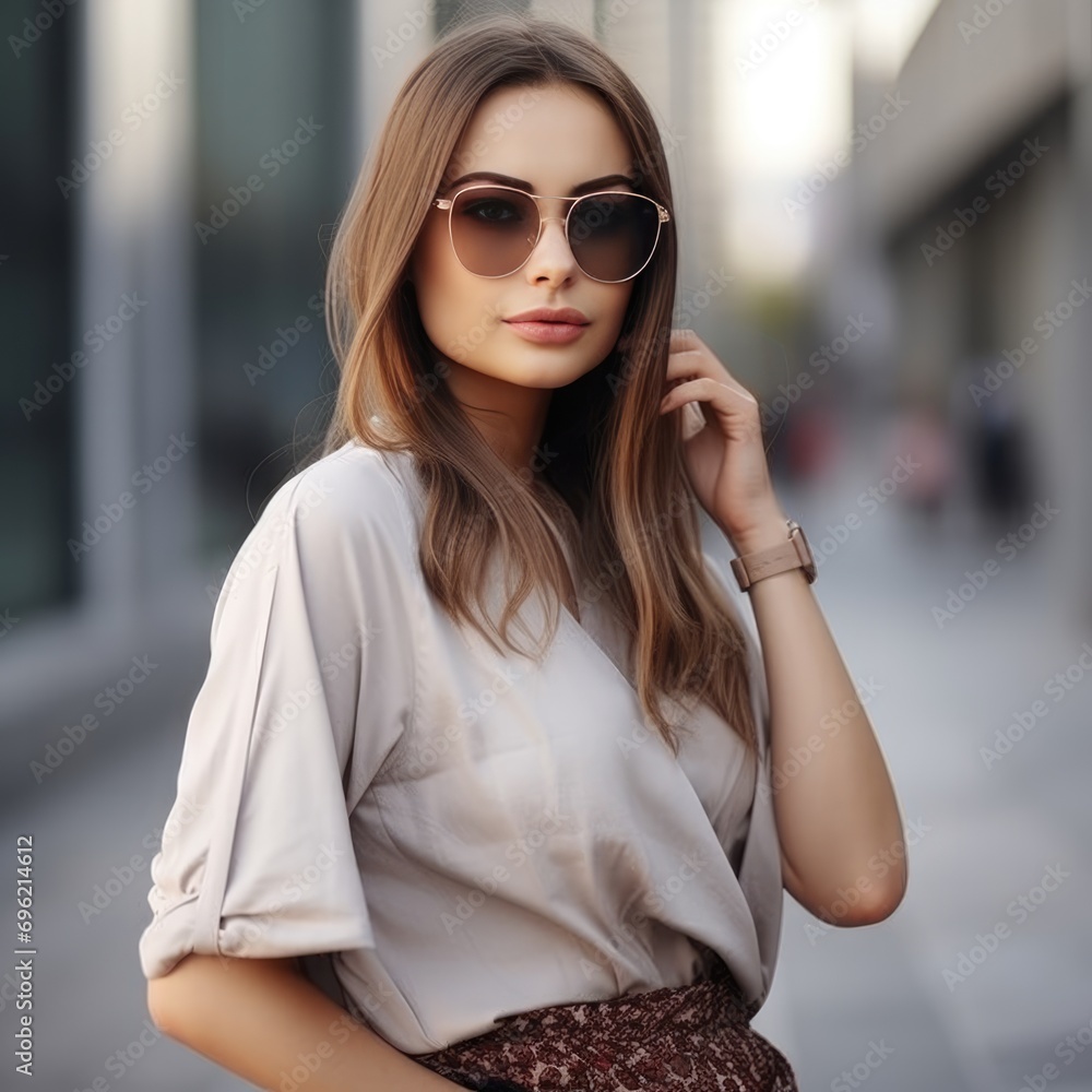 Fototapeta premium Fashionable woman with sunglasses and a brown bag A fictional character created by Generated AI. 
