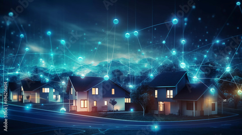 Digital community  smart homes and digital community. DX  Iot  digital network in society concept. suburban houses at night with data transactions