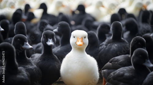 Solitary White Duck Amongst a Flock of Black Ducks