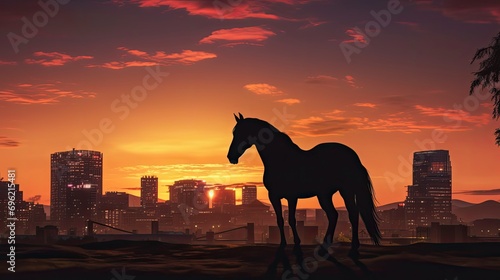 Silhouette of a Horse against a Colorful City Sunset