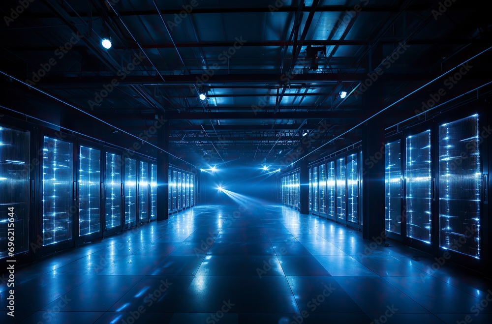 Futuristic Data Center with Rows of Server Racks