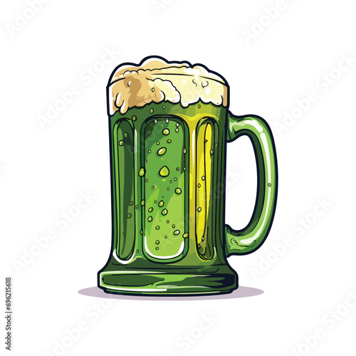 Cartoon green glass of beer with foam on green background