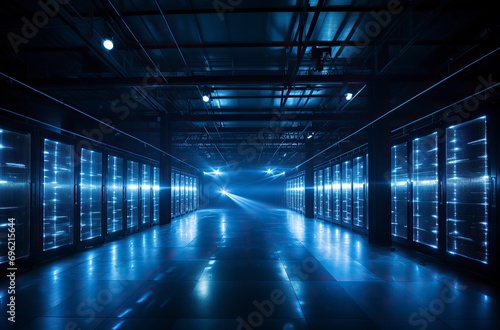Futuristic Data Center with Rows of Server Racks