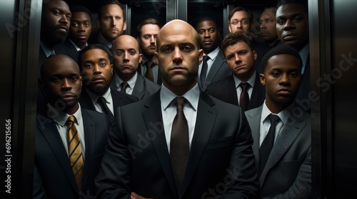 Focused Businessman with Colleagues in Crowded Elevator