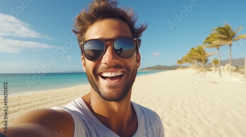 man is taking a selfie while on holiday at the beach, looking happy, wearing sunglasses