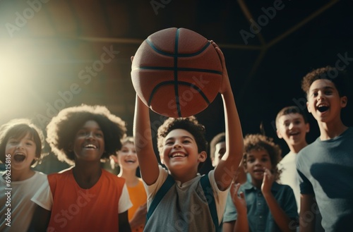 Child Holding Basketball High with Friends Cheering