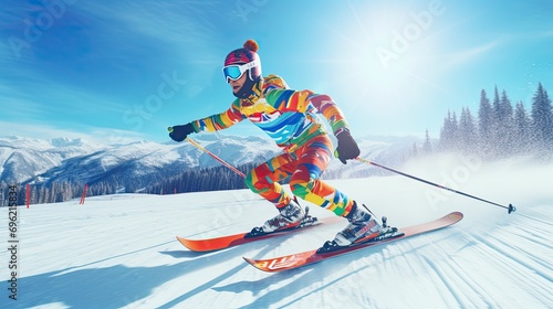 Alpine Skier in Colorful Gear Racing Down Snowy Slope